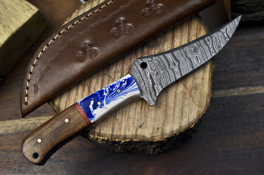 9" Twist Damascus Skinner Knife with Mixed Handle for Hunting and Camping