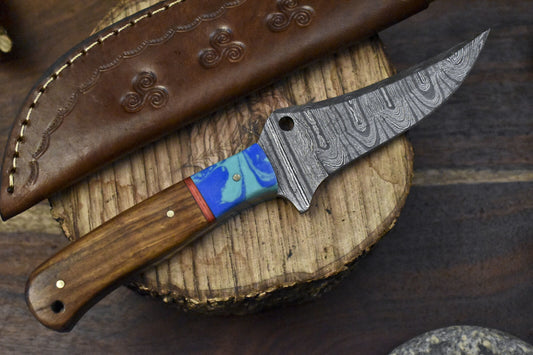 9" Twist Damascus Skinner Knife with Walnut Wood Handle | Custom Handmade EDC Blade