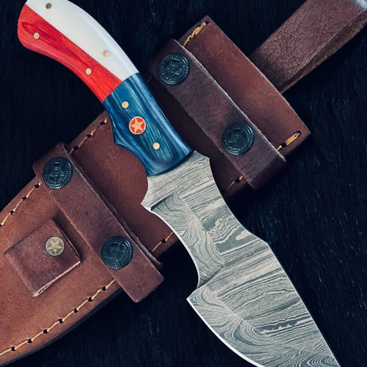 9" Twist Pattern Damascus Tanto Knife – Camel Bone & Wood Handle 