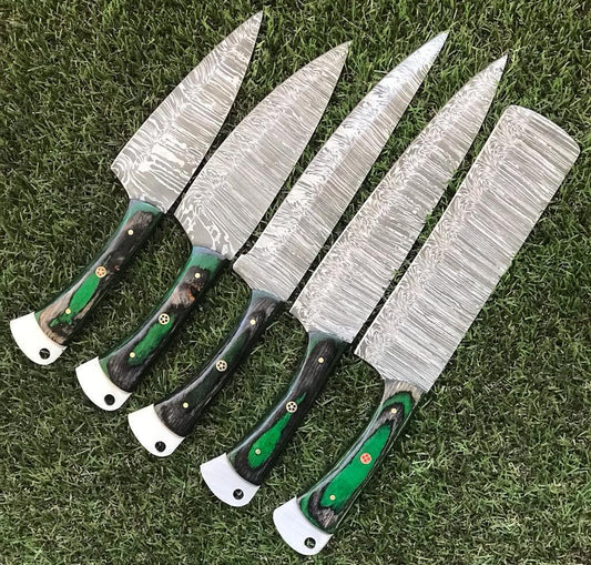 9" to 13" Custom Hand-Forged Twist Damascus Steel Chef Knife Set – Pakkawood Handle & Silver Bolster