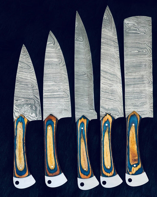 9" to 13" Custom Handmade Damascus Steel Chef Set Kitchen Knives with Stained Camel Bone & Wood Handle