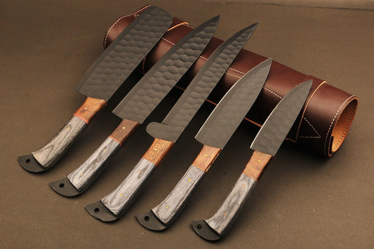 9" to 13" Hand Forged Fire Damascus Steel Chef Knives Set – Handmade Kitchen Knife Collection with Camel Bone & Wood Handle