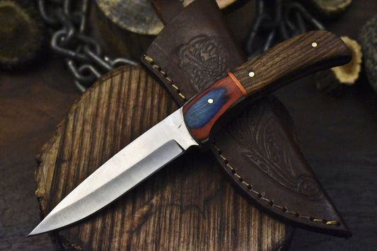 AUS-8 Skinner Knife – Walnut Wood Handle with Wooden Bolster, 8.5" Fishing & Hunting Knife