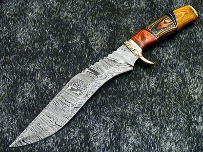 A 14.5" Hand-Forged Damascus Hunting Bowie with Hardwood Grip