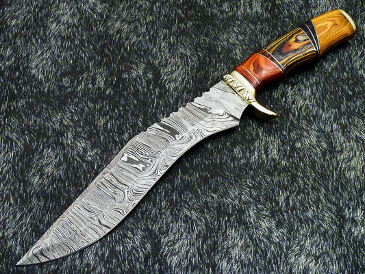 A 14.5" Hand-Forged Damascus Hunting Bowie with Hardwood Grip
