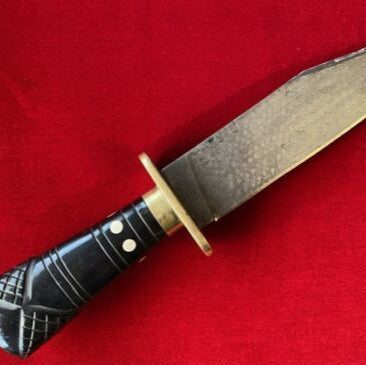 Antique Handmade Damascus Steel Large Bowie Knife with Carved Inlaid Handle