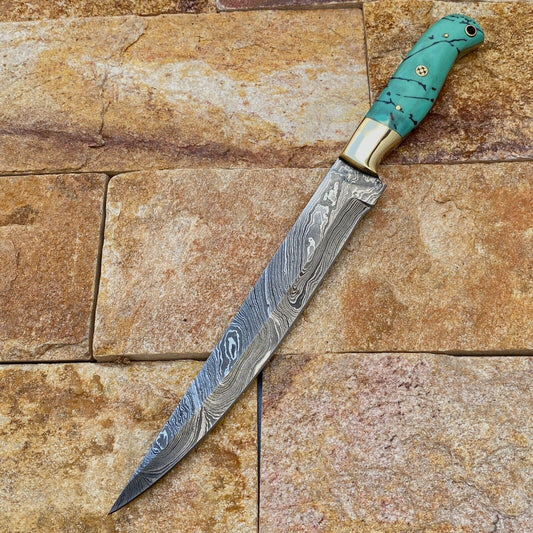 Artisan Damascus Fillet Chef Knife – Hand Forged with Brass Bolster