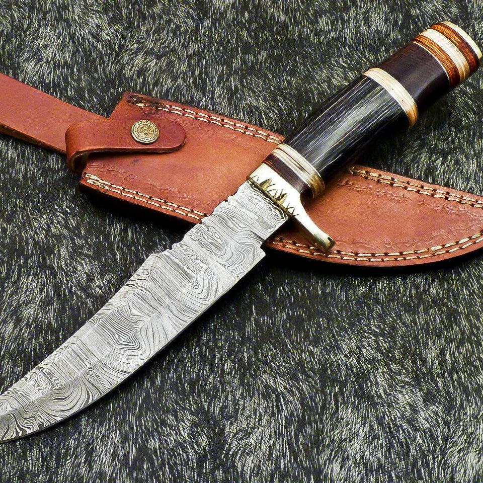 Authentic 13" Handmade Damascus Bowie Hunting Knife – Hardwood Handle with Leather Sheath