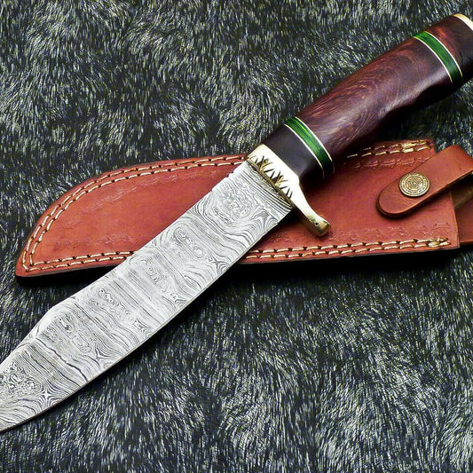 Authentic 13" Handmade Damascus Bowie Hunting Knife with Hardwood Handle with Leather Sheath