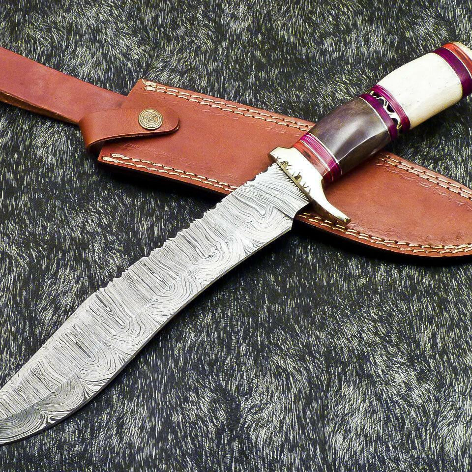 Authentic 14.5" Handmade Damascus Bowie Hunting Knife – Camel Bone Handle with Leather Sheath