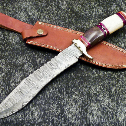 Authentic 14.5" Handmade Damascus Bowie Hunting Knife – Camel Bone Handle with Leather Sheath