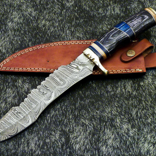 Authentic 14" Handmade Damascus Bowie Hunting Knife – Hardwood Handle with Leather Sheath