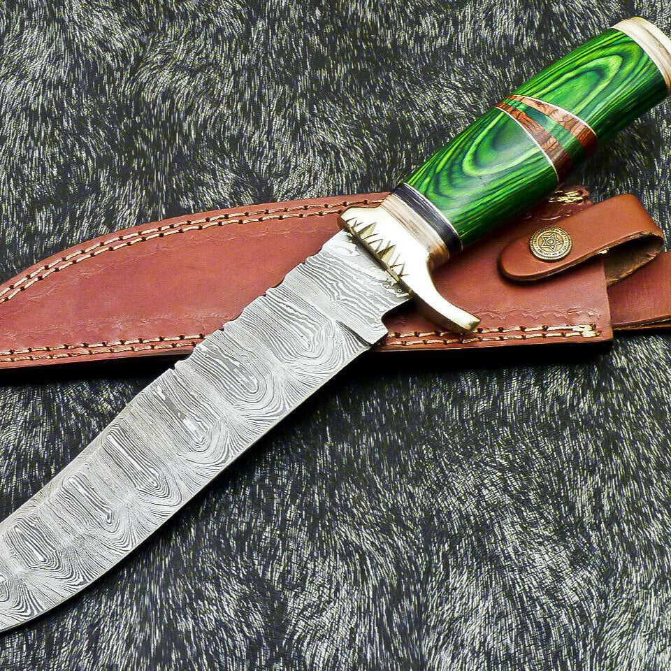 Authentic 14" Handmade Damascus Bowie Hunting Knife with Hardwood Handle with Leather Sheath