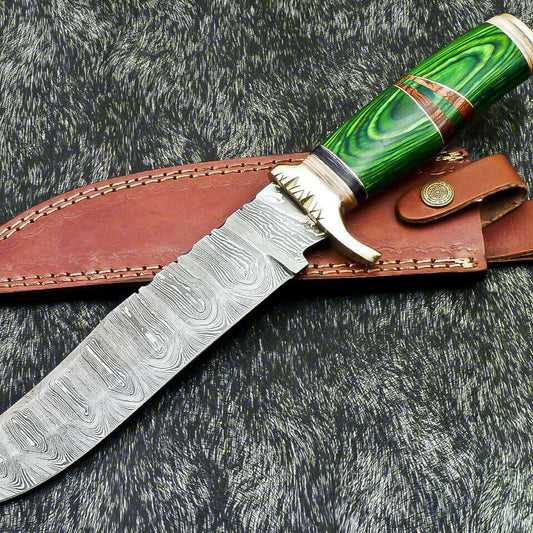 Authentic 14" Handmade Damascus Bowie Hunting Knife with Hardwood Handle with Leather Sheath