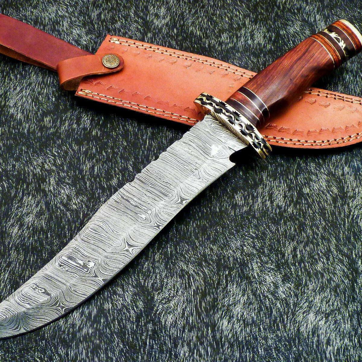 Authentic 15" Handmade Damascus Bowie Hunting Knife – Natural Wood Handle