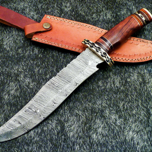 Authentic 15" Handmade Damascus Bowie Hunting Knife – Natural Wood Handle