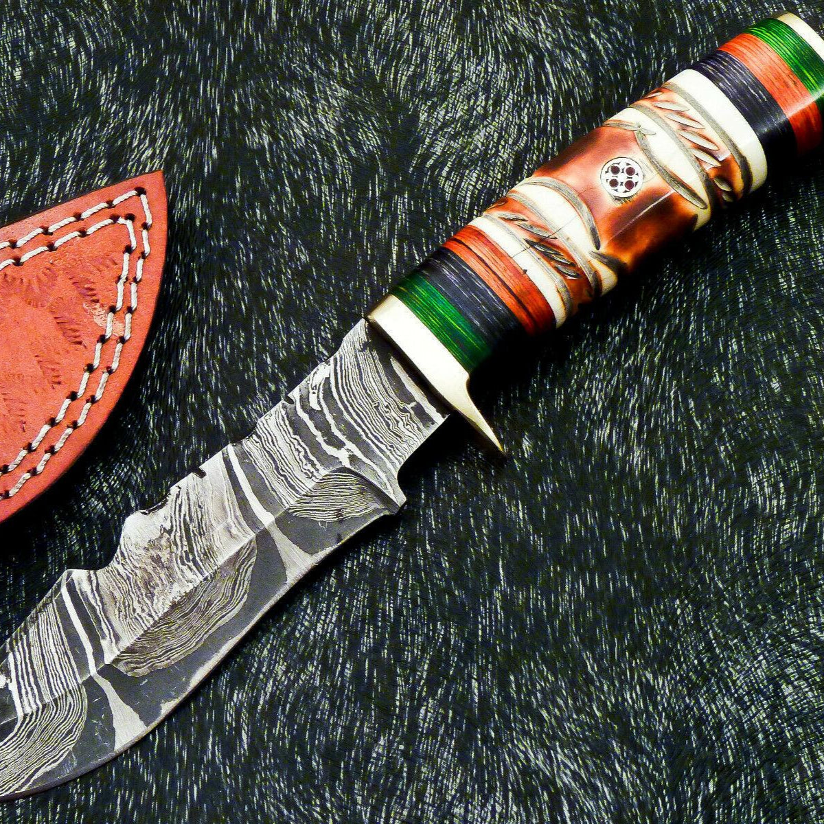 Authentic Hand Forged Damascus 10" Bowie Hunting Knife – Camel Bone Handle