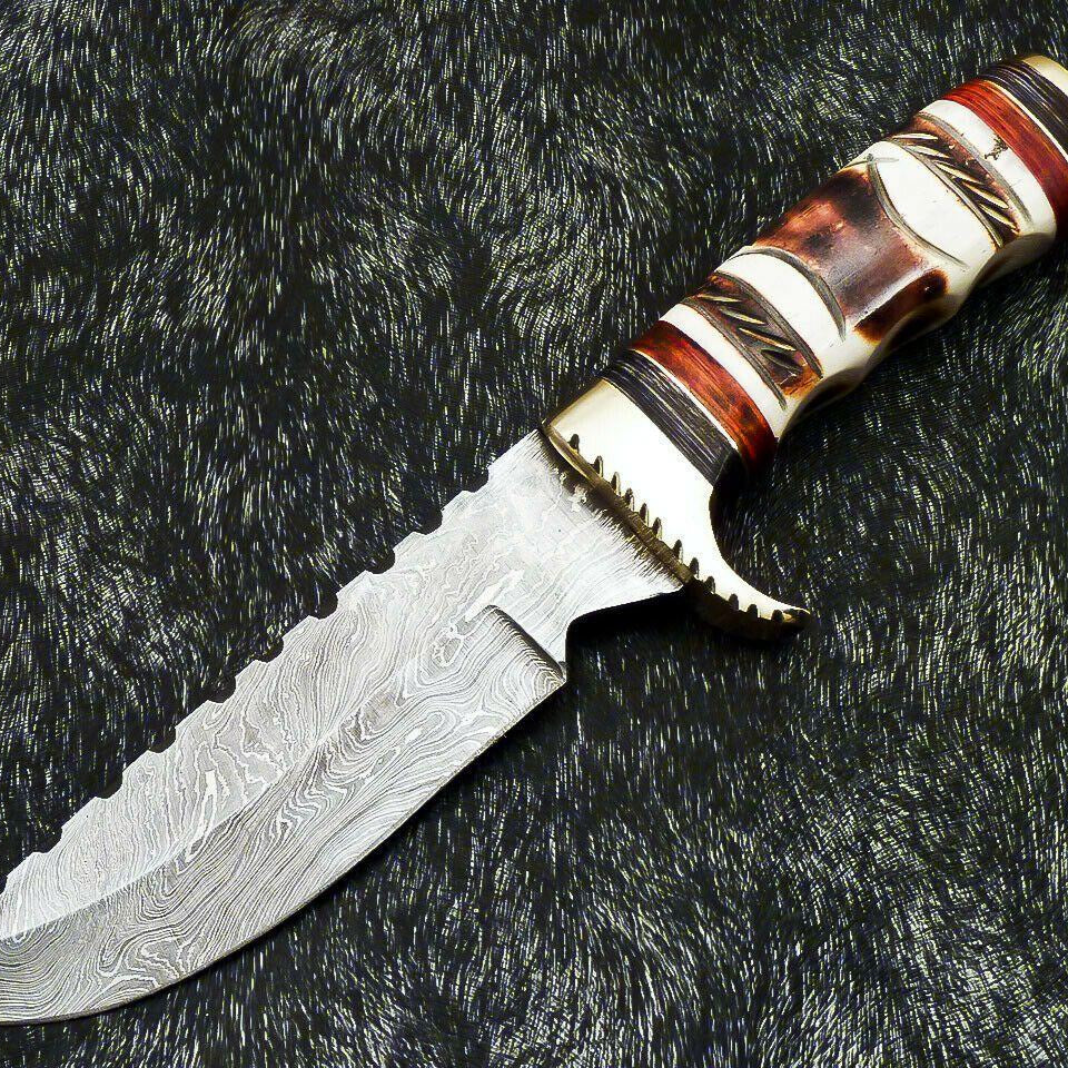 Authentic Hand Forged Damascus 12" Bowie Hunting Knife – Engraved Camel Bone Handle