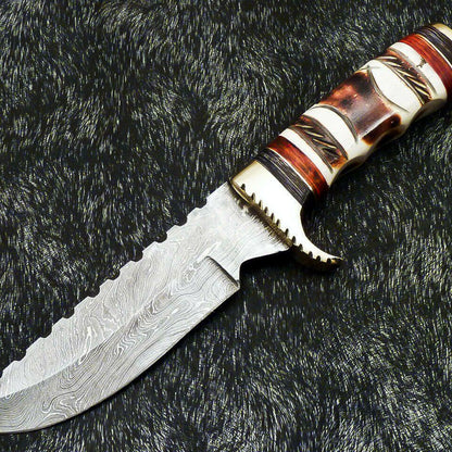 Authentic Hand Forged Damascus 12" Bowie Hunting Knife – Engraved Camel Bone Handle