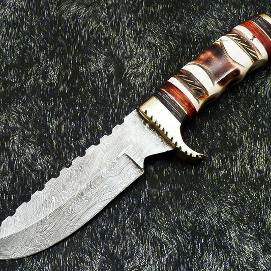 Authentic Hand Forged Damascus 12" Bowie Hunting Knife – Engraved Camel Bone Handle