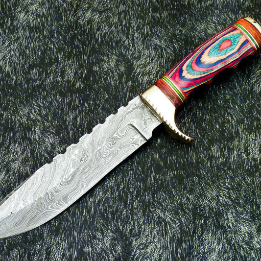  Authentic Hand Forged Damascus 12" Bowie Hunting Knife – Hard Wood Handle