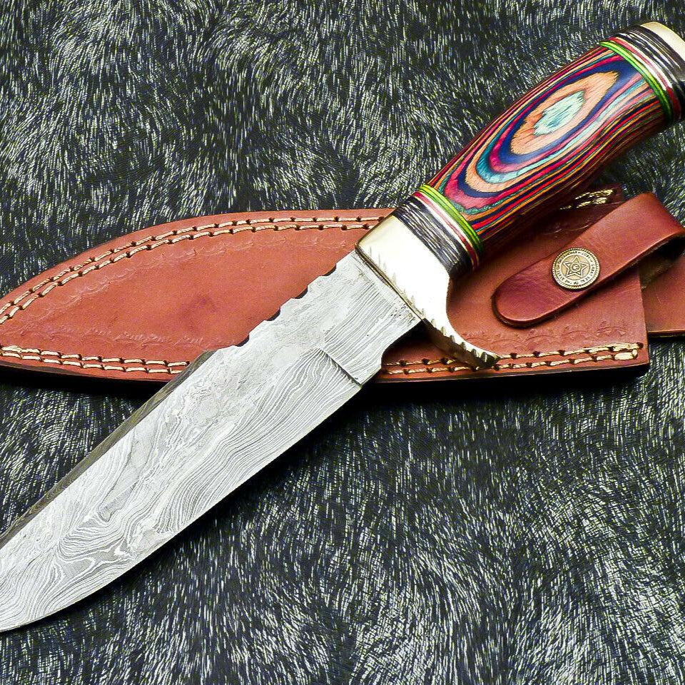 Authentic Hand Forged Damascus 12" Bowie Hunting Knife – Multi-Color Hard Wood Handle