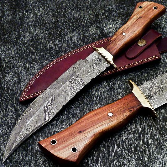 Authentic Hand Forged Damascus 14" Bowie Hunting Knife | Natural Wood Handle