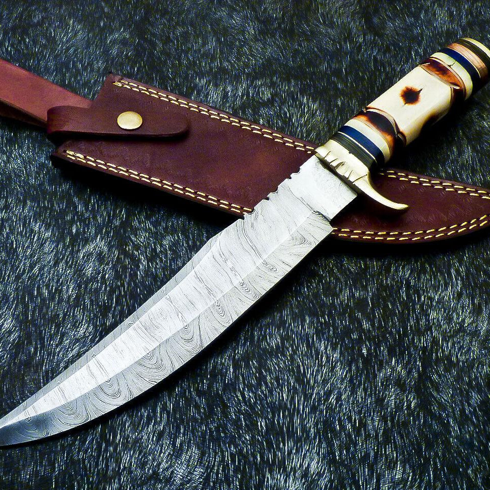 Authentic Hand Forged Damascus Bowie Hunting Knife | Camel Bone Handle | 15" Overall