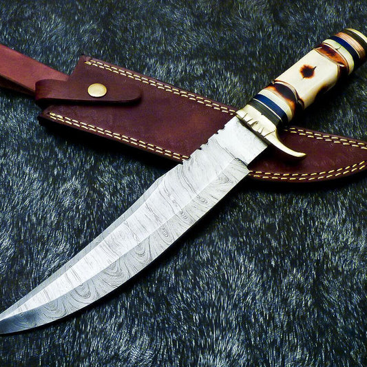 Authentic Hand Forged Damascus Bowie Hunting Knife | Camel Bone Handle | 15" Overall