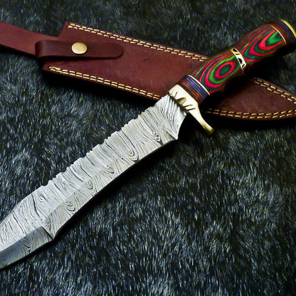 Authentic Hand Forged Damascus Bowie Hunting Knife – Multi-Color Hard Wood Handle, 14" Overall