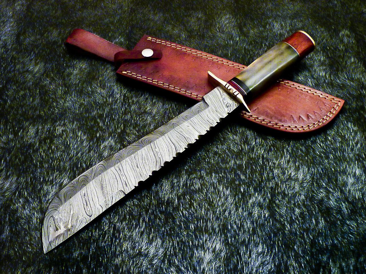  Authentic Hand Forged Damascus Bowie Hunting Knife – Stained Bone Handle, 15" Hunting Knife with Leather Sheath