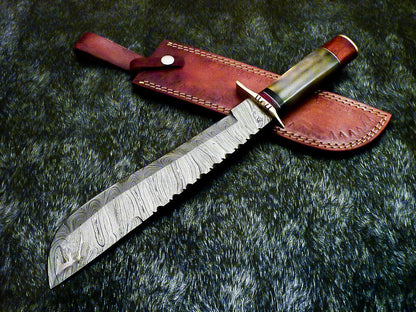  Authentic Hand Forged Damascus Bowie Hunting Knife – Stained Bone Handle, 15" Hunting Knife with Leather Sheath