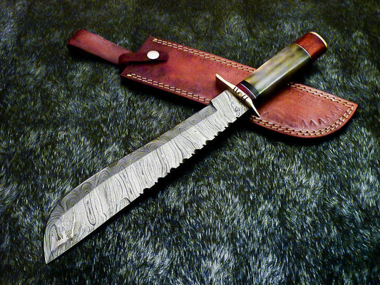  Authentic Hand Forged Damascus Bowie Hunting Knife – Stained Bone Handle, 15" Hunting Knife with Leather Sheath