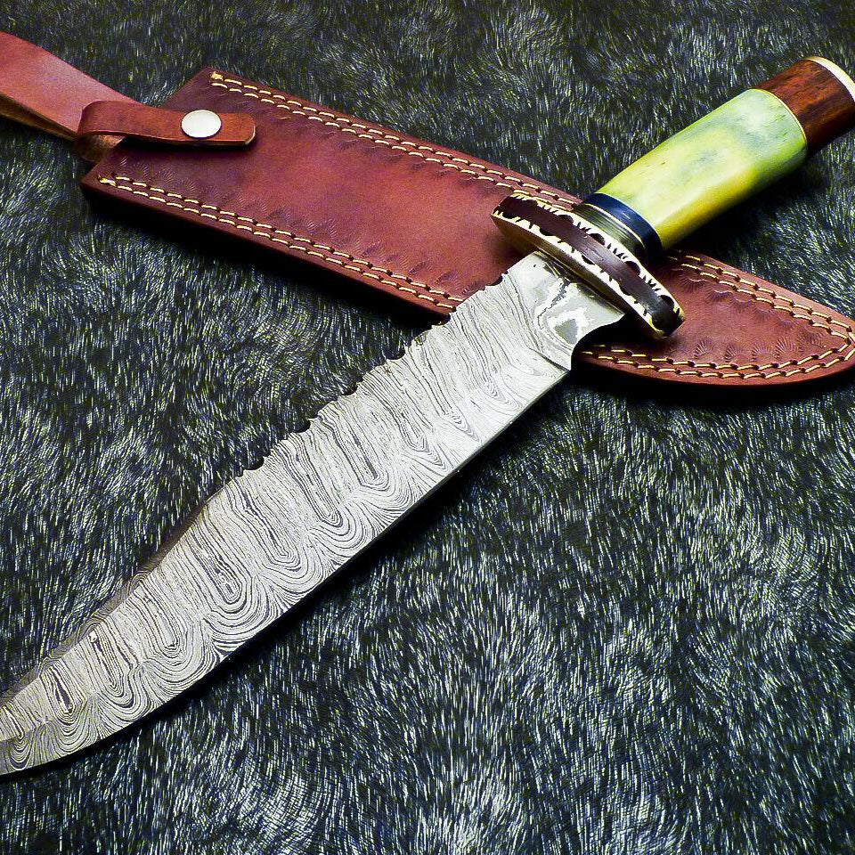 Authentic Hand Forged Damascus Bowie Hunting Knife | Stained Camel Bone Handle
