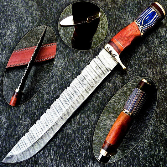 Authentic Hand Forged Damascus Hunting Knife 14.5" | Hard Wood Handle | Leather Sheath 
