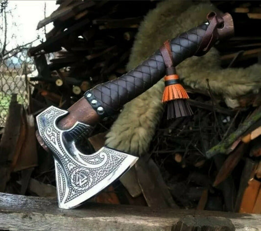 Authentic Wrap Rose Wood Nordic Viking Axe – Hand Forged Damascus Viking Hatchet with Leather Sheath