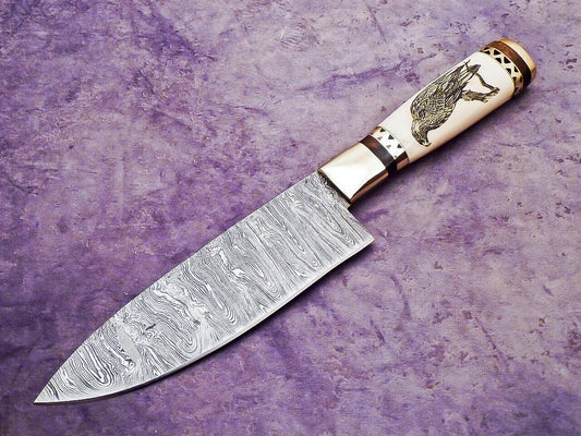 Beautiful Custom Handmade Chef Knife Damascus Camel Bone Scrimshaw EDC Bushcraft