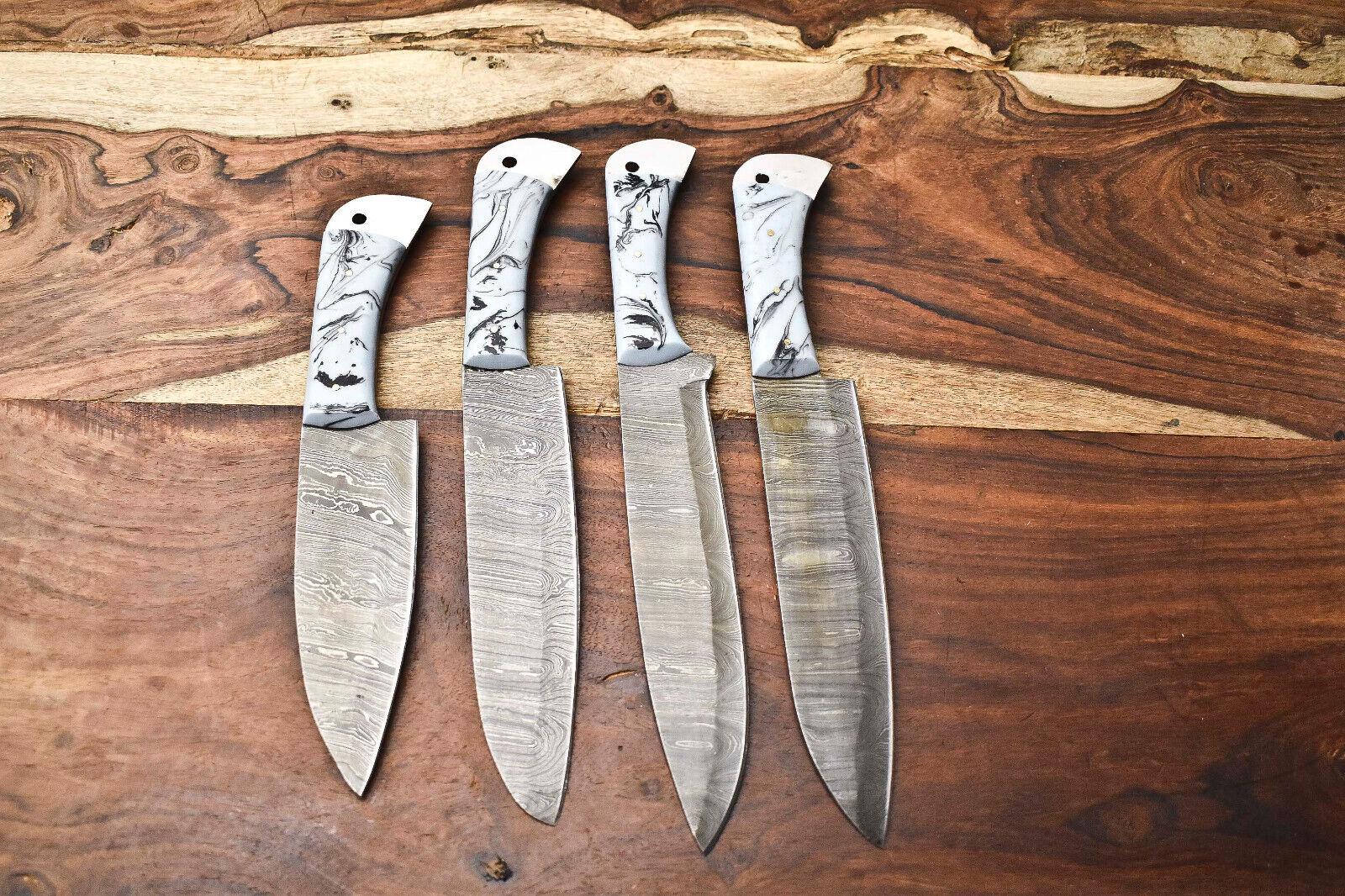 Beautiful Custom Lot of 4 Handmade Damascus Steel Blade Chef Set Kitchen Knives