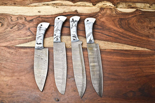Beautiful Custom Lot of 4 Handmade Damascus Steel Blade Chef Set Kitchen Knives