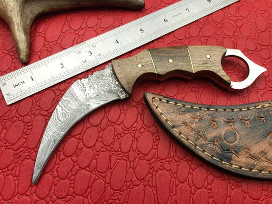 Best 8" Damascus Karambit Knife Full Tang Damascus Steel Karambit with Wood Handle
