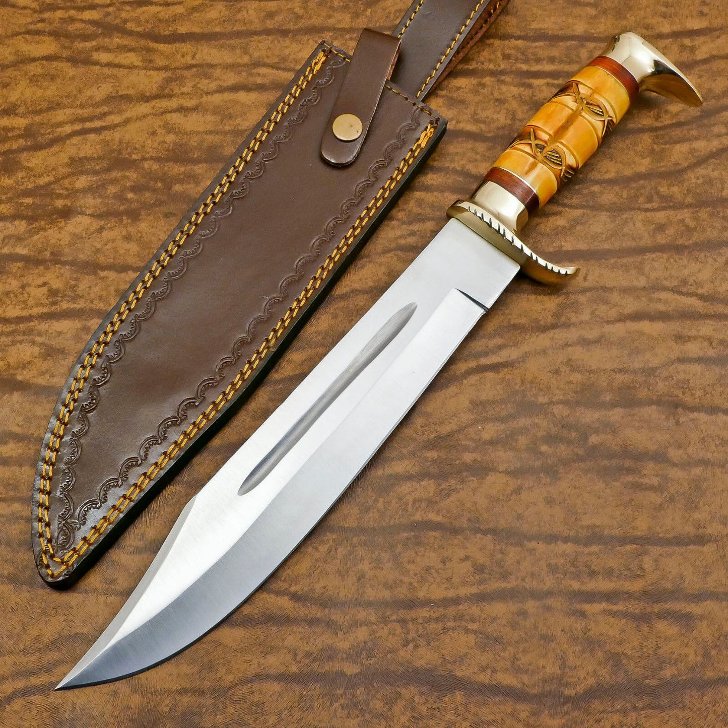 Best Bowie Knife Handmade D2 Engraved Bone Handle Bowie Knife 13" With Sheath