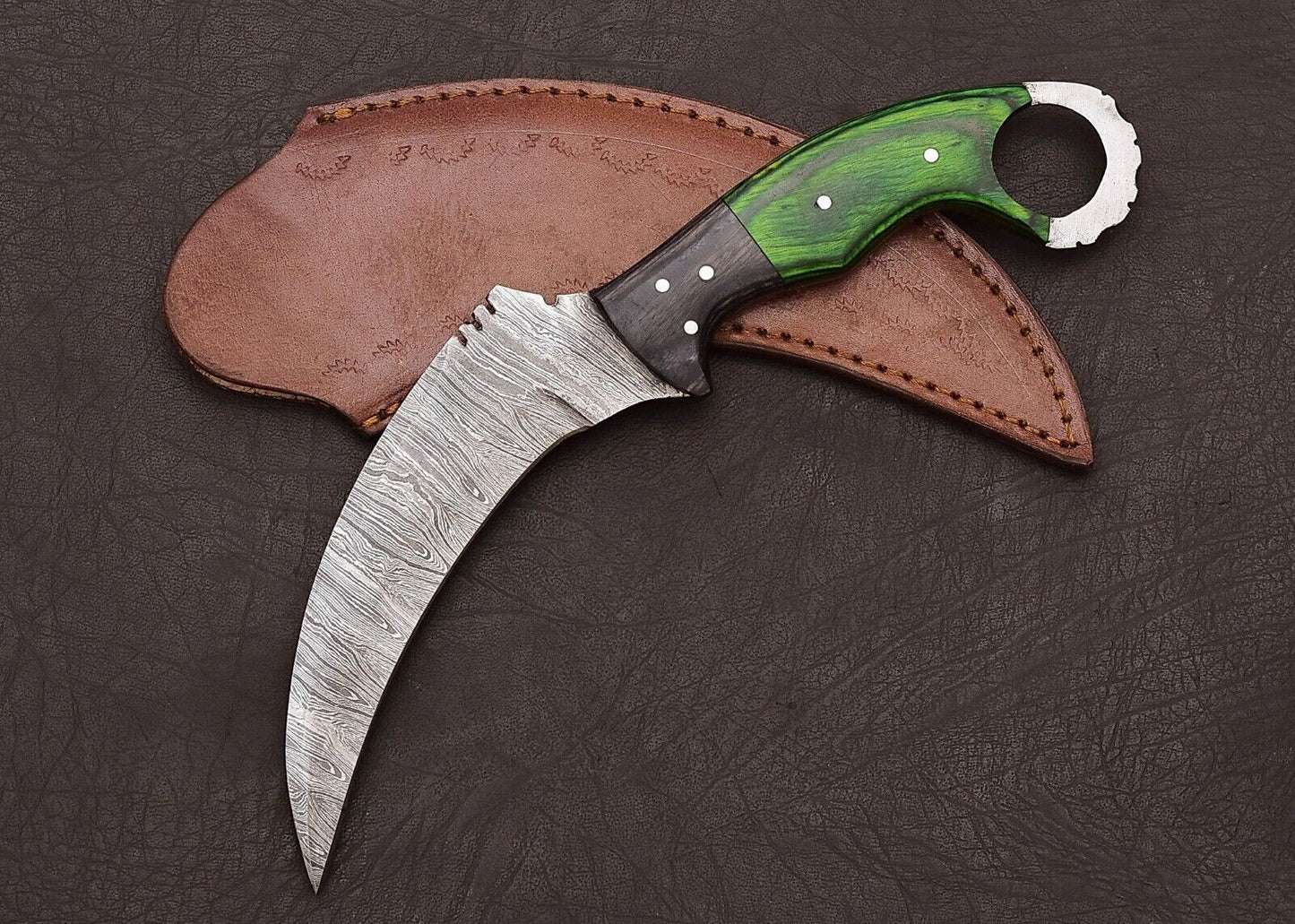 Best Karambit Knife Full Tang Damascus Karambit Knife With Wood Handle & Leather Sheath