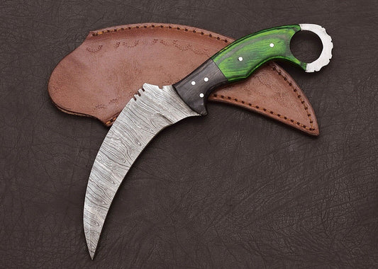 Best Karambit Knife Full Tang Damascus Karambit Knife With Wood Handle & Leather Sheath
