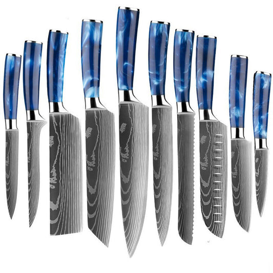 Blue 10PC Japanese Kitchen Knives Laser Damascus Pattern Chef Knife Set with Scabbards