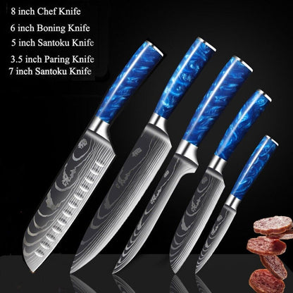 Blue 5PC Japanese Kitchen Knives Laser Damascus Pattern Chef Knife Set with Scabbards