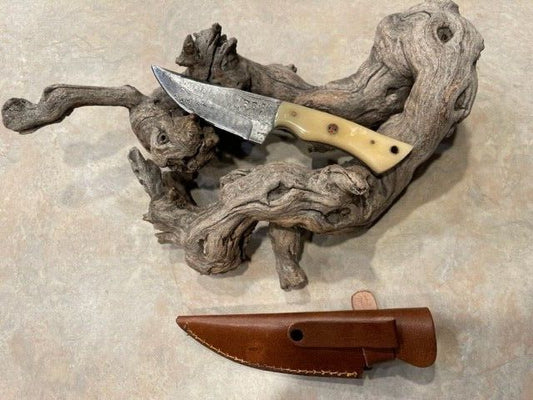 Bone Handle Damascus Skinner Knife with Mosaic Pin and Leather Sheath