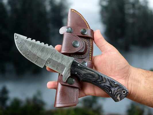 Brown Damascus Steel Tracker Knife – 10" Handmade Hunting Outdoor Fixed Blade with Micarta Handle