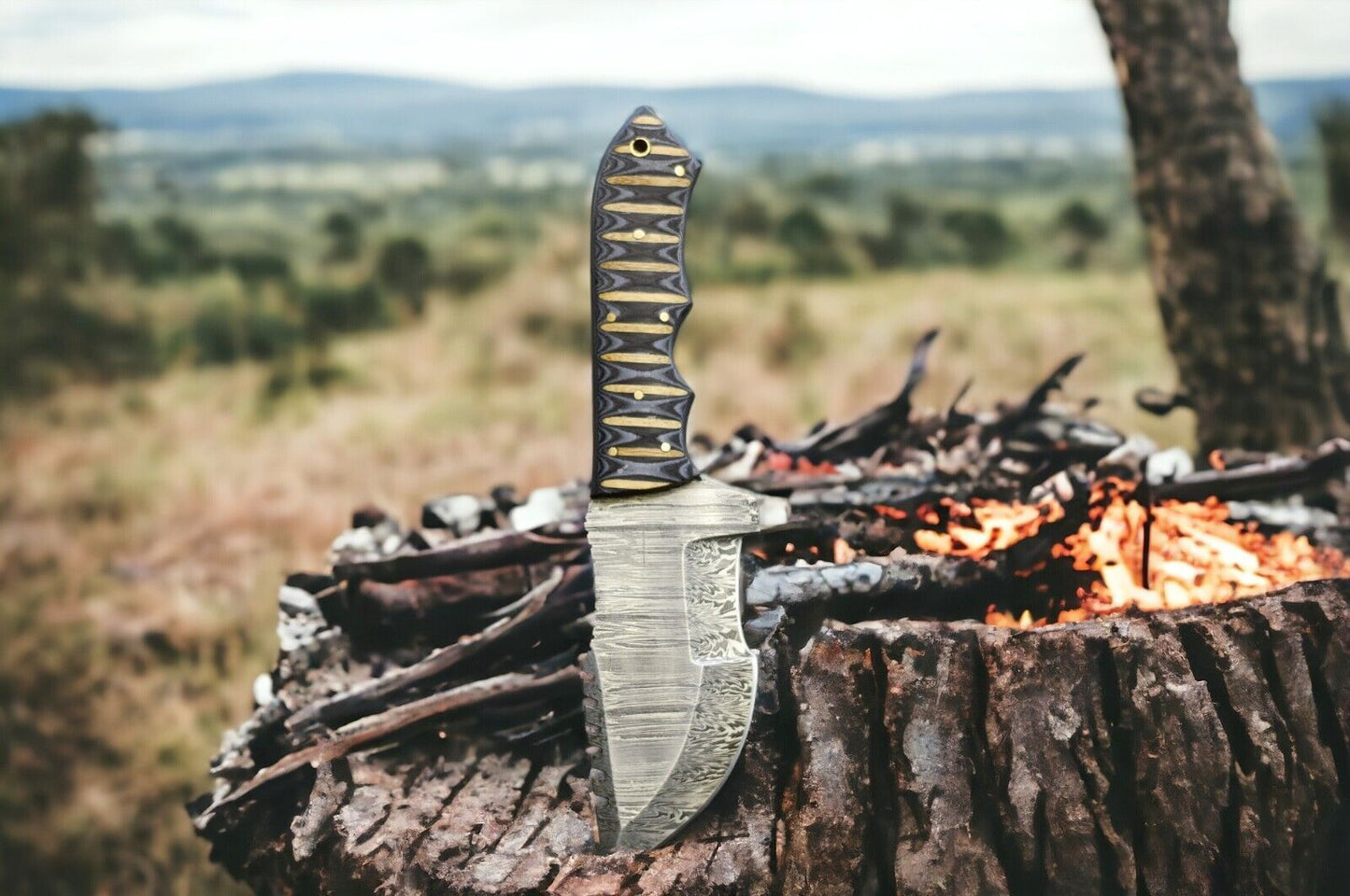 Brown Damascus Steel Tracker Knife – 10" Hunting Outdoor Fixed Blade with Micarta Handle