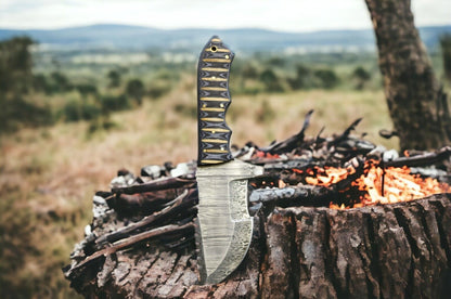 Brown Damascus Steel Tracker Knife – 10" Hunting Outdoor Fixed Blade with Micarta Handle