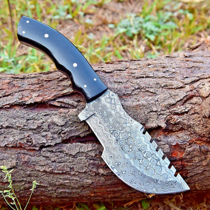 Brown Damascus Tracker Knife – 10" Handmade Hunting Outdoor Fixed Blade with Bull Horn Handle & Leather Sheath